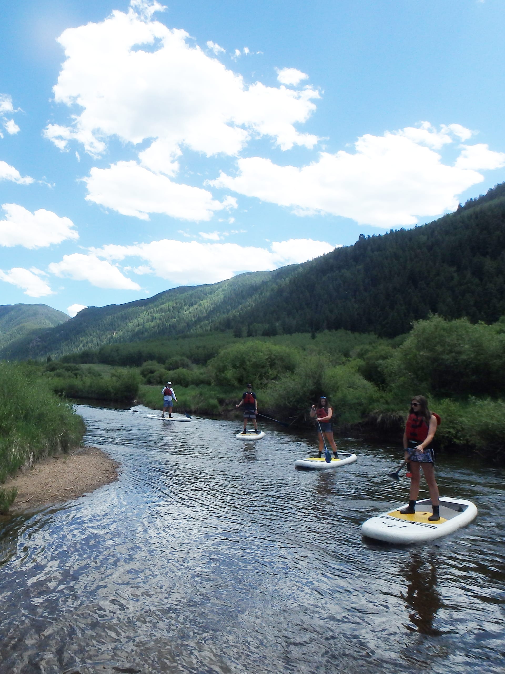 a group on stand up paddle boards on the river