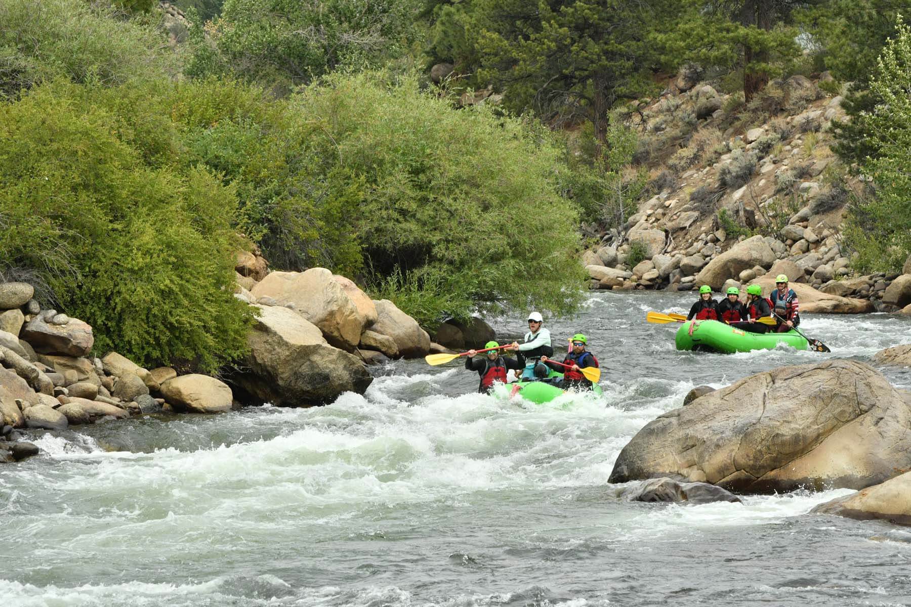 A group of white water rafts on Browns Canyon in Colorado
